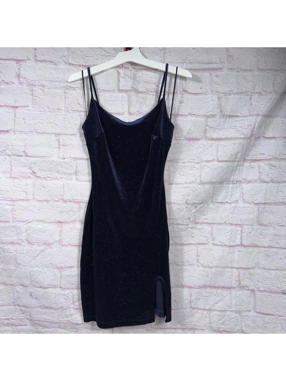 Windsor Velvet Glitter Bodycon Mini Dress Women’s XS Navy Blue Side Slit Party
